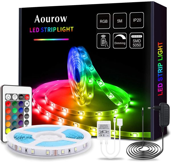 Striscia LED,Kit di Strisce LED 5m RGB con Telecomando IR a 24 Tasti e Alimentatore 12V,TV Retroilluminazione Luci Nastro 5050 Multicolore con Autoadesiva per Decorazione DIY,Non Impermeabile - immagine 2