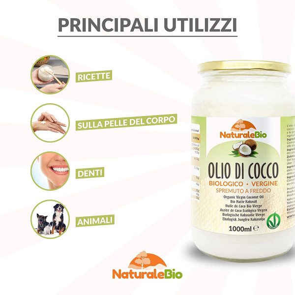 Olio di Cocco Biologico Vergine 1000 ml. Crudo e Spremuto a Freddo. Organico e Naturale. Bio Nativo e non Raffinato. Origine Sri Lanka. NATURALEBIO - immagine 7