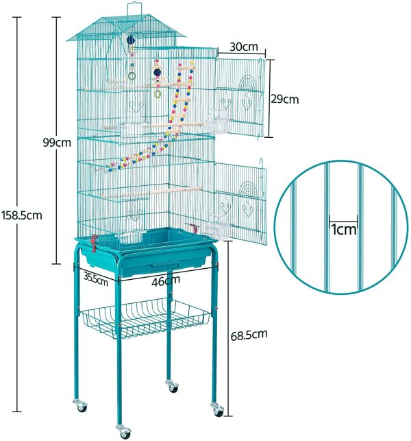 Yaheetech Gabbia Voliera per Uccelli Pappagalli con Piedistallo Inseparabili Calopsite Ruote in Metallo Giocattoli da Interno e Esterno 46 x 35,5 x 158,5 cm Azzurro - immagine 8