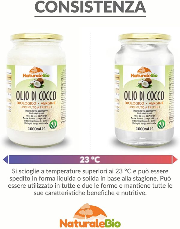 Olio di Cocco Biologico Vergine 1000 ml. Crudo e Spremuto a Freddo. Organico e Naturale. Bio Nativo e non Raffinato. Origine Sri Lanka. NATURALEBIO - immagine 3