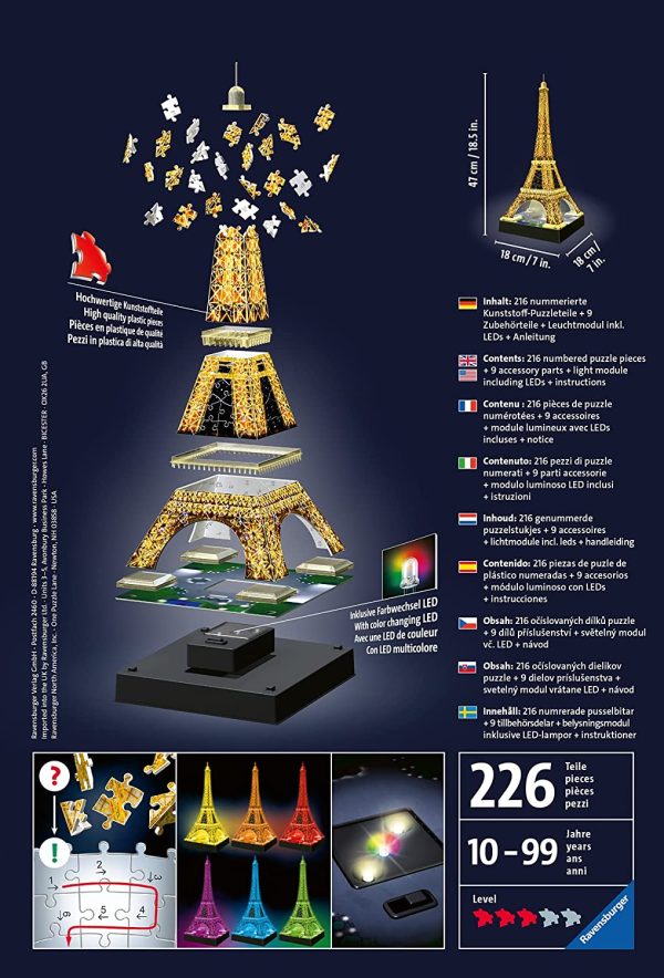 Ravensburger 11668 Puzzle 3D, Sistema Solare, 540 Pezzi & 12579 Puzzle 3D Torre Eiffel, Edizione Speciale Notte Con Led, 216 Pezzi - immagine 2