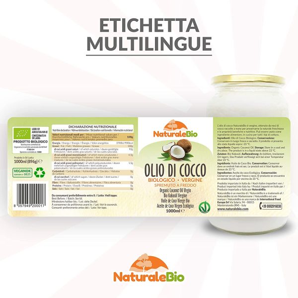 Olio di Cocco Biologico Vergine 1000 ml. Crudo e Spremuto a Freddo. Organico e Naturale. Bio Nativo e non Raffinato. Origine Sri Lanka. NATURALEBIO