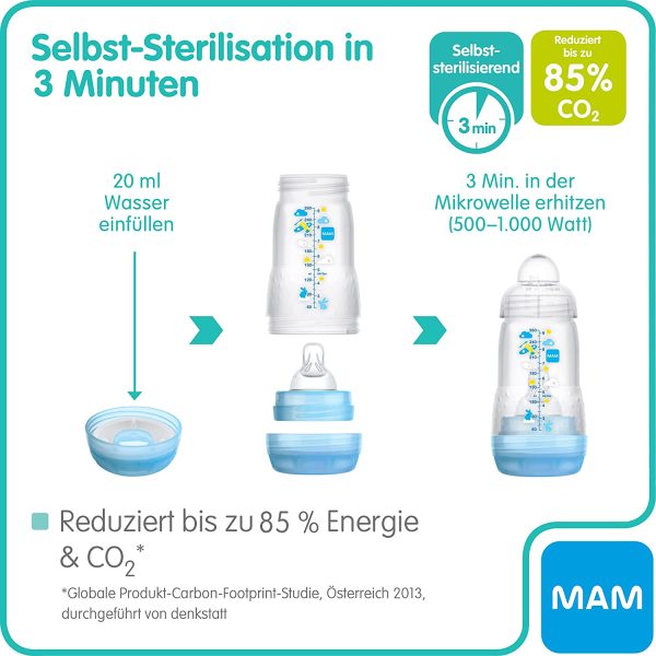 MAM Easy Start Set di 2 biberon anticoliche da 260 ml, con valvola a fondo, borraccia per bambini con tettarella taglia 1, dalla nascita, Istruzioni in lingua straniera - immagine 7