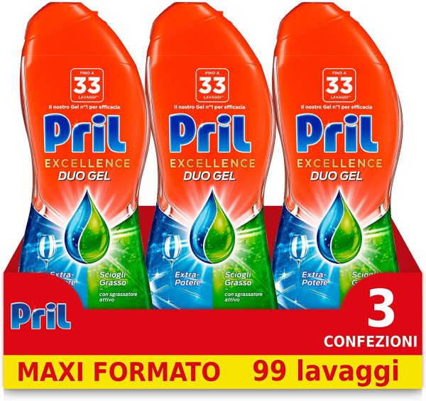 Pril Excellence Duo Gel, Detersivo in Gel, Azione Sciogligrasso, Formato da 3 Confezioni da 33 Lavaggi - immagine 3