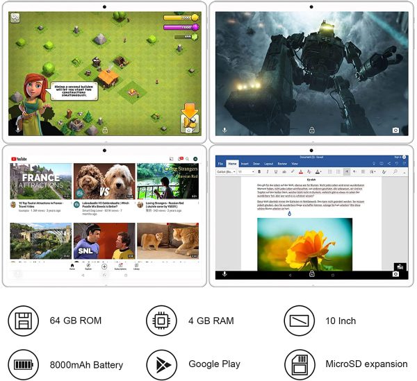 Tablet 10 Pollici 4GB RAM 64GB ROM WiFi + Doppia SIM Lte Android 10  Tablets Doppia Fotocamera | WiFi | IPS | Bluetooth | MicroSD 128 GB | con Tastiera Bluetooth e Mouse - Oro Rosa - immagine 7