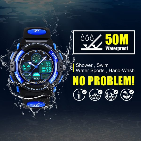 Bambini orologi digitali analogici per ragazzi - Childrens Outdoor orologio sportivo con allarme/Dual Time/LED, 5 atm impermeabile elettronico analogico da polso sportiva per adolescenti - immagine 5