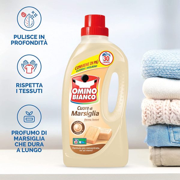 Omino Bianco - Detersivo Lavatrice Liquido, 90 Lavaggi, Rispetta Colori e Tessuti, Fresco Profumo con Essenza Cuore di Marsiglia, 1500 ml x 3 Confezioni