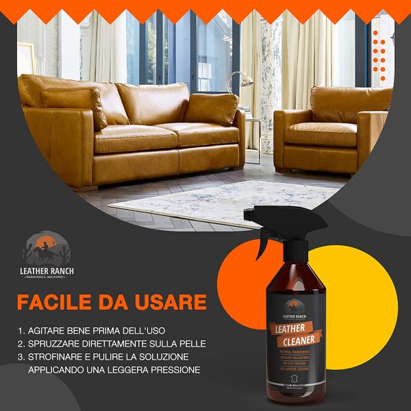 LeatherRanch Spray Pulizia Pelle - Detergente Pelle Naturale - Ideale Pulizia Scarpe Pelle, Divano in Pelle e Interni Auto in Pelle - Pulisce e Rinnova Volante in Pelle - Pulizia Interni Auto, 500 ml - immagine 2