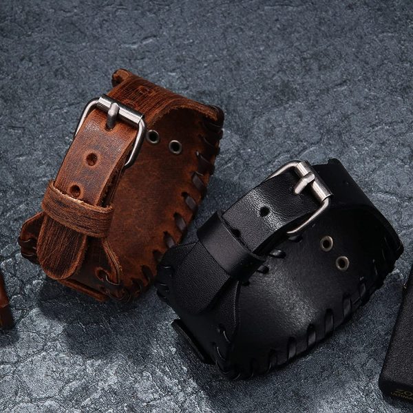 Bracciale in pelle nera con motivo a zampa di rune norvegesi e rune in argento anticato, gioiello punk retrò da uomo - immagine 3