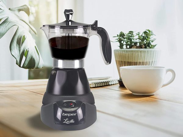 Lucilla BC.040N Caffettiera Moka elettrica, capacit?? 3 Tazze, Riduttore 1 Tazza, Autospegnimento, Mantenimento Temperatura per 30' min, Nera, 400 W, Alluminio, Nero - immagine 9