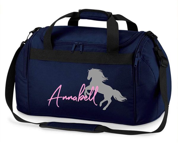 Borsa da equitazione con nome personalizzabile, motivo cavallo ascendente con nome, borsa sportiva per ragazze per equitazione, disponibile in diversi colori (blu scuro)