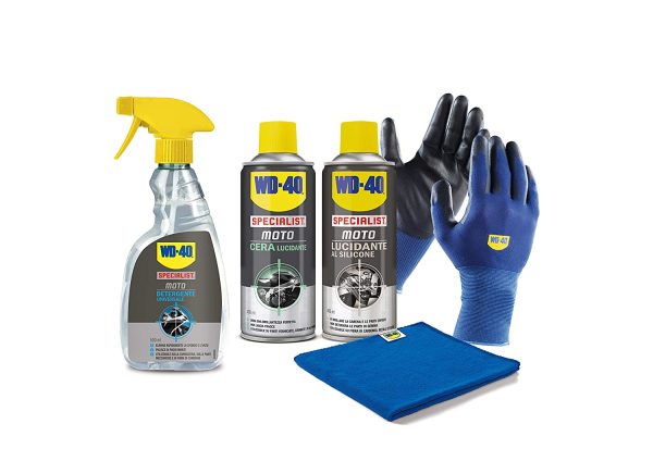 WD-40 Specialist Moto - Kit Pulizia Moto con 1 x Detergente 500 ml, 1 x Lucidante al Silicone 400 ml, 1 x Cera Lucidante 400 ml, 1 x Guanti di Precisione, 1 x Panno in Microfibra