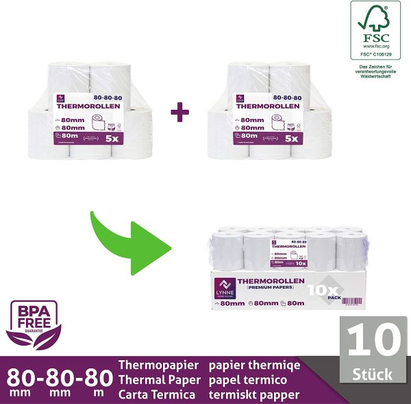 Rotoli termici 80mm x 80m x 12mm ?C Carta termica per registratore di cassa fiscale - Termici per registratori di cassa con stampante scontrini - (80x80x12) BPA Free (10 Rotoli) - immagine 4