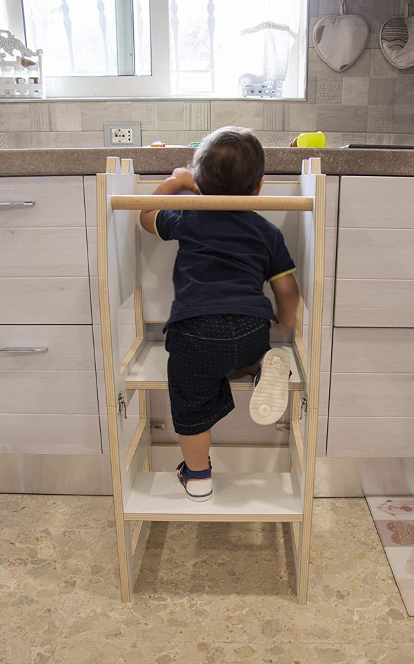 Arte del Legno, HAPPY TOWER Torre Montessoriana di Apprendimento per Bambini bianca, Trasformabile Pieghevole in Tavolino e Antimacchia. - immagine 3