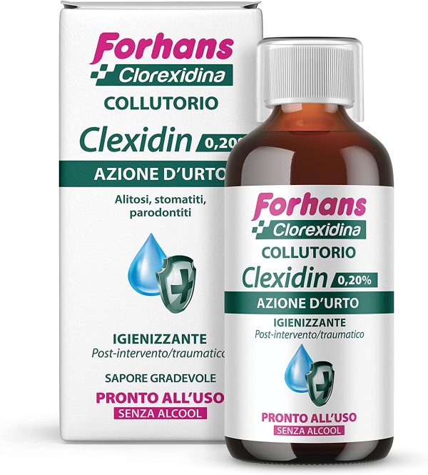 Forhans Clorexidina, Collutorio Clexidin 0,20%, Antisettico Con Clorexidina, Azione D'urto, Trattamento Post Intervento, Contrasta Le Infezioni Del Cavo Orale, Senza Alcol, Sapore Gradevole, 200ml, Clexidin Colluttorio 0,20%