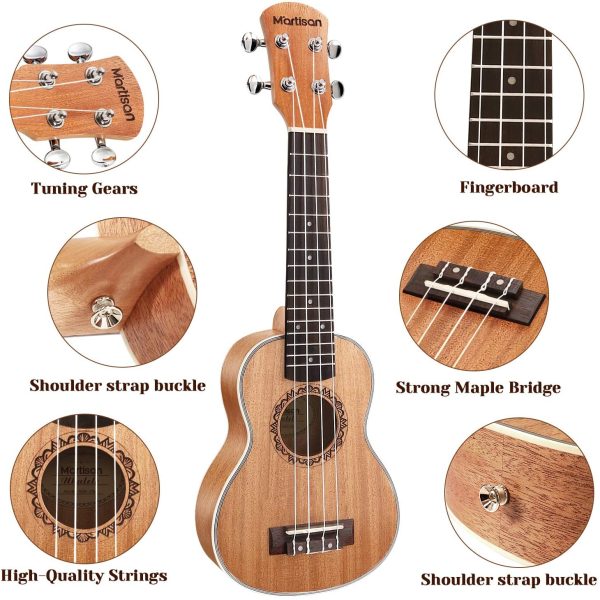 MARTISAN Ukulele Soprano con corde Aquila originali in nylon, Ukulele da 21 pollici per Principianti con Borsa, Accordatore, Corde Aggiuntive, Cinturino, Plettri - immagine 8