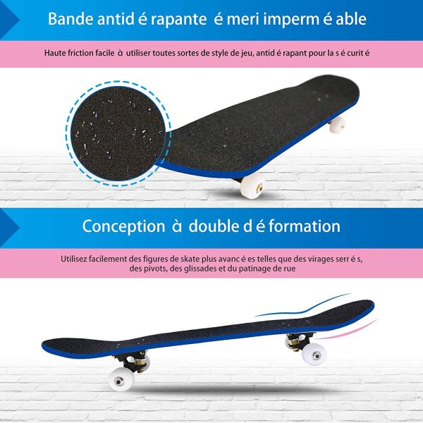 Skateboard per Principiante, 80x20 cm Skateboard Completo in Legno per Bambino Adolescenti Adulto, 7 Strati di Acero Doppio Kick Deck Concavo Trick Cruiser con lo strumento T Tutto in Uno - immagine 2