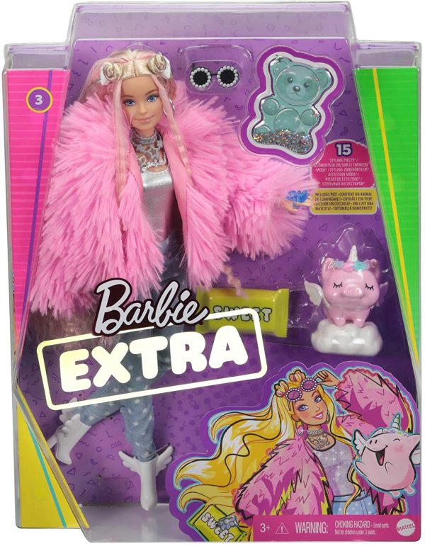 Barbie Extra n.3 - Bambola Snodata con Pelliccia Rosa e Maialino-Unicorno - 15 Accessori - Look Fashion con Ciocche Rossa - Regalo per Bambini 3+ Anni - immagine 2