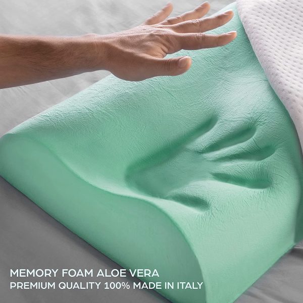 Cuscino Cervicale Memory Foam per Dormire Ortopedico Alto Aloe Vera Dispositivo Medico per Supporto al Collo Ergonomico Guanciale Letto Antirussamento Anallergico Federa in Bamboo Made in Italy - immagine 2