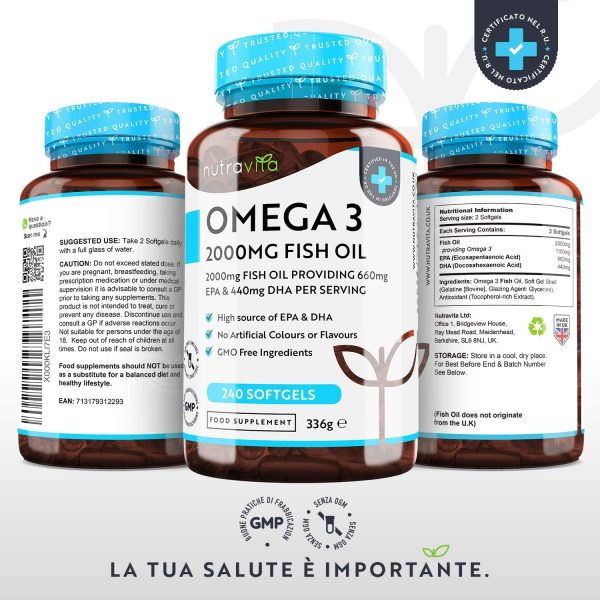 Omega 3 Olio di Pesce da 2000 mg - 660 mg EPA e 440 mg DHA per Porzione - 240 SoftGel Capsule di Olio di Pesce Puro - Fornitura per 4 Mesi - Prodotto nel Regno Unito da Nutravita - immagine 3