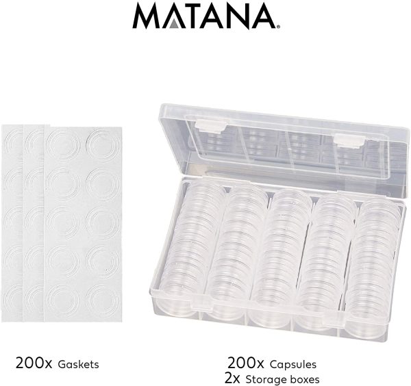 Matana - 200 Pezzi Capsule di Monete con 200 Guarnizioni in Schiuma Eva e 2 Scatole Porta Monete di Collezione - immagine 2