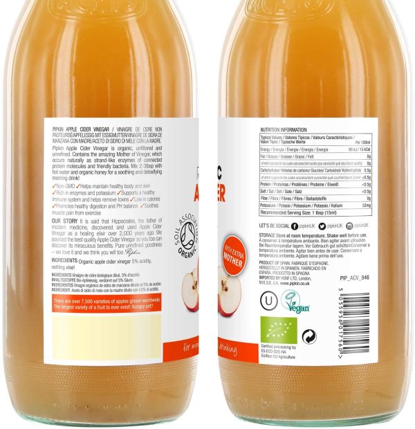 Aceto di mele Pipkin 100% biologico, Con la madre dell'aceto, Senza OGM, Pressato a freddo, Non raffinato, Non filtrato, Non pastorizzato, 5% di acidità, Vegetariano, Vegano e Kosher, 1000 ml - immagine 5