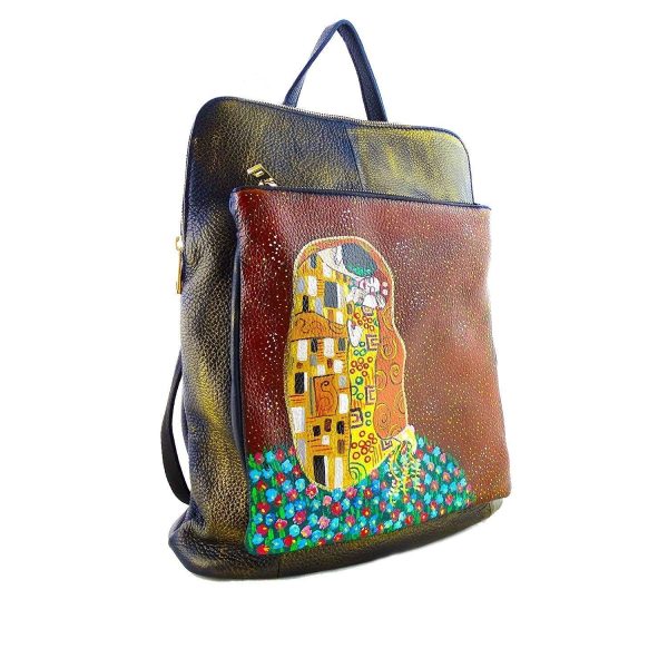 Borsa Zaino in pelle dipinta a mano - IL BACIO DI KLIMT - Borse zaino Donna, Borse a Spalla, Vera Pelle, Made in Italy, in Pelle Dipinta, Zainetto e Borse a Tracolla, Lavorazione Artigianale - immagine 3