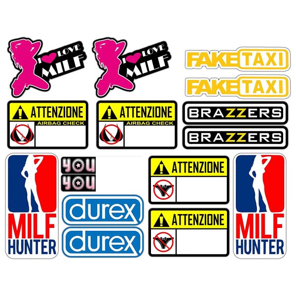 Adesivi Moto Divertenti Stickers decal fun tube porn youporn faketaxi fun - 16 Pezzi Kit - Motocross Bici Mtb Computer Motorino VINILE LUCIDO Marche Famose Pack - immagine 6