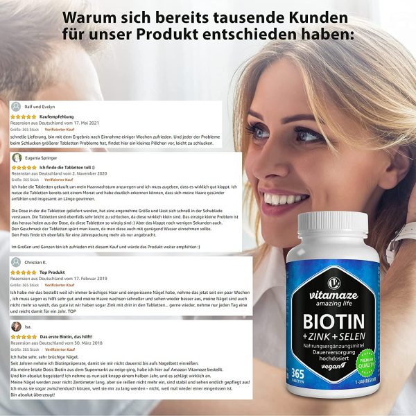 Vitamaze? Biotina 10000 mcg + Selenio + Zinco per Pelle, per la Crescita dei Capelli e Unghie Sani, 365 Compresse per 12 Mesi, Vitamina B7, Integratore senza Additivi non Necessari, Qualit?? Tedesca - immagine 7