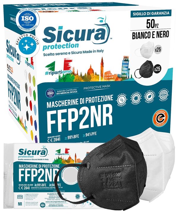 50 Mascherine FFP2 Certificate CE Nere e bianche Made in Italy logo SICURA impresso BFE ??9% Mascherina ffp2 italiana SANIFICATA e sigillata. Pluri certificata contiene 25 Nere + 25 Bianche - immagine 4