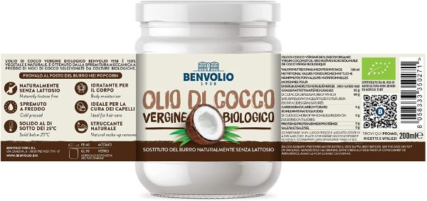 Olio di Cocco Biologico, Benvolio 1938 200 ml, Olio di Cocco Alimentare per Keto Diet Bulletproof Coffee, Sostituto Burro Senza Lattosio. Olio di Cocco per Capelli, Corpo e Struccante, Coconut Oil - immagine 4