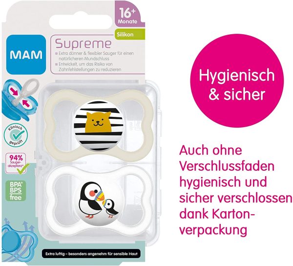 Istruzioni in lingua straniera - MAM Supreme - Set di 2 ciucci per bambini per uno sviluppo sano dei denti e della mandibola, previene le irritazioni cutanee, con scatola per ciuccio, 16 mesi + mesi - immagine 5