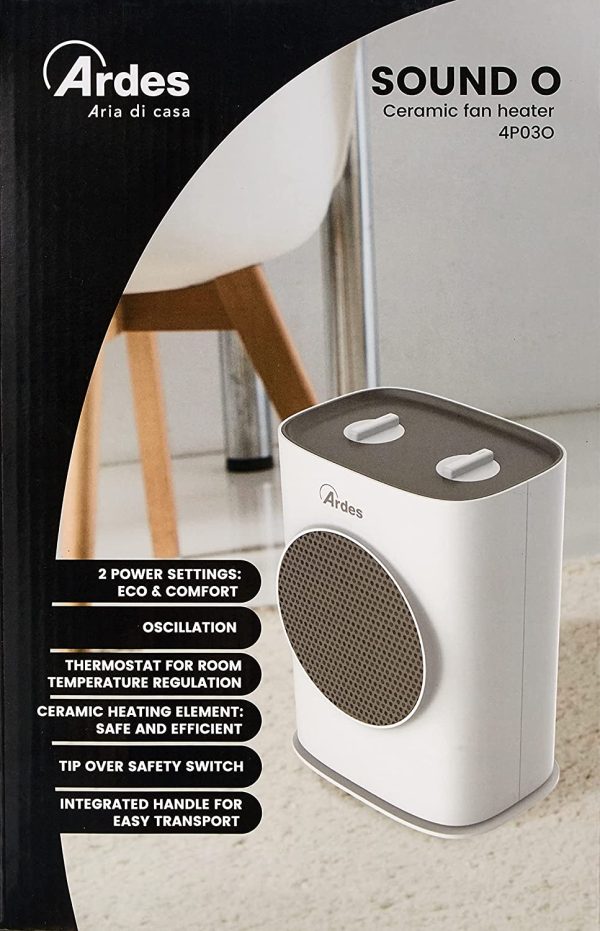 Ardes AR4P03O SOUND O Termoventilatore Ceramico PTC Oscillante Compatto 2 Potenze con Pannello Comandi e Maniglia, 1500 W, Dettagli Tortora - immagine 2