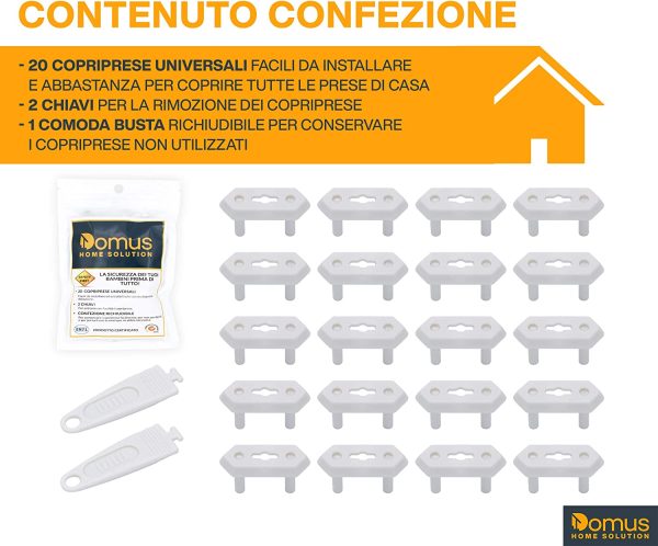 DOMUS? Copriprese per Bambini, 20 Copri Prese Elettriche Universali Italiane e Schuko, Tappi Copripresa di Sicurezza Casa con 2 Chiavi (Bianco) - immagine 5