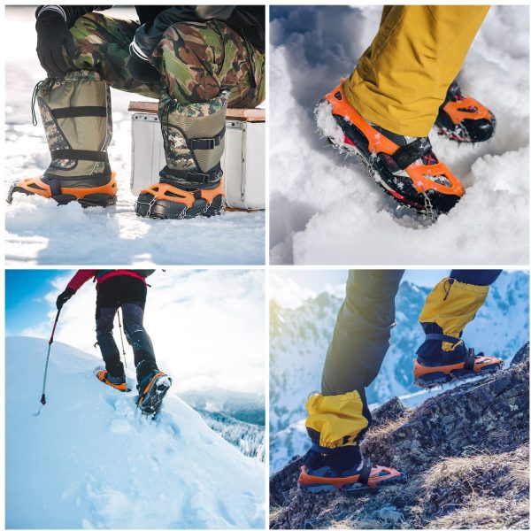 Sportneer Ramponi da Ghiaccio a trazione, 19 Punte in Acciaio Inox Antiscivolo per Scarpe da Neve, Protezione sicura per Camminare, Jogging, Arrampicata, Pesca, Alpinismo - immagine 4