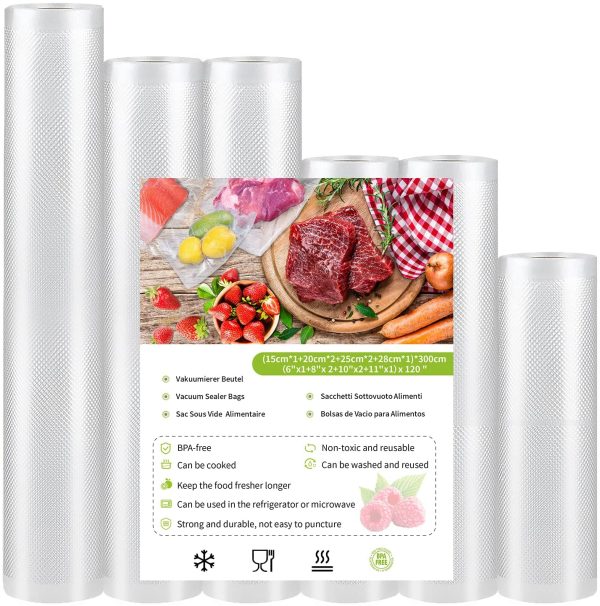 Sacchetti Sottovuoto Rotoli Goffrati per Alimenti - 6 rotolo 15|2x20|2x25|28 x300cm per Conservazione Alimenti e Cottura Sous Vide Compatibile con Qualsiasi Macchina per Sottovuoto - immagine 2