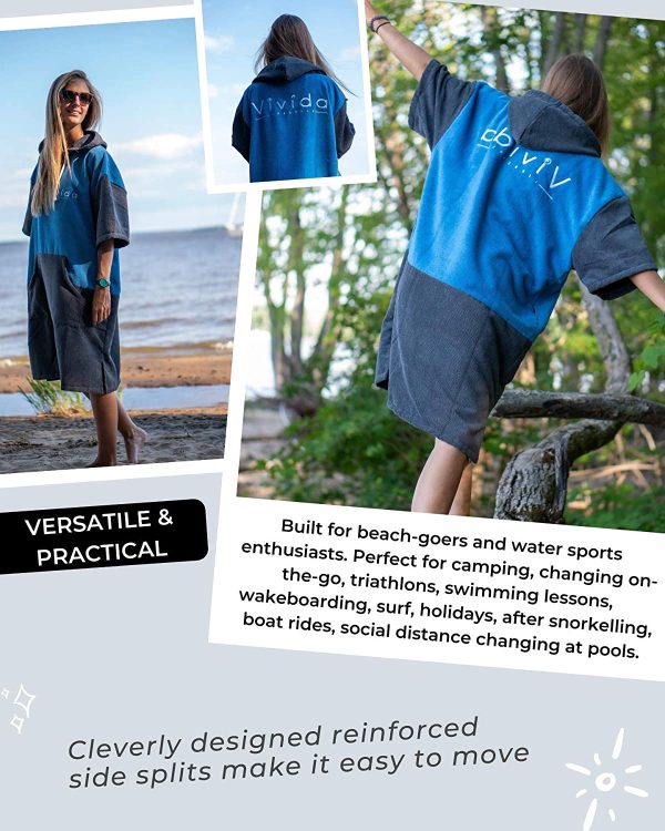 Vivida Lifestyle - Poncho con Cappuccio Stapato, Asciugamano per Cambiarsi con Microfibra Assorbente con Aperture Lateri, Tasca Larga con Zip per Spiaggia, Nuoto, Surf e Triatlona - immagine 4