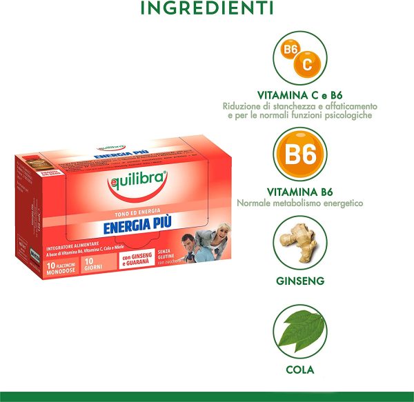 Equilibra Integratori Alimentari, Energia Più, Integratore per Riduzione Stanchezza e Affaticamento, con Vitamina B6, Vitamina C, Cola e Miele con Ginseng e Guaranà, 10 Flaconcini Monodose - immagine 2