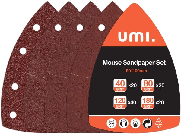 Amazon Brand - Umi Fogli Abrasivi 100 Pezzi, Carta Levigatrice per Mouse per Levigatrici Multiple, Grana 40-80-120-180