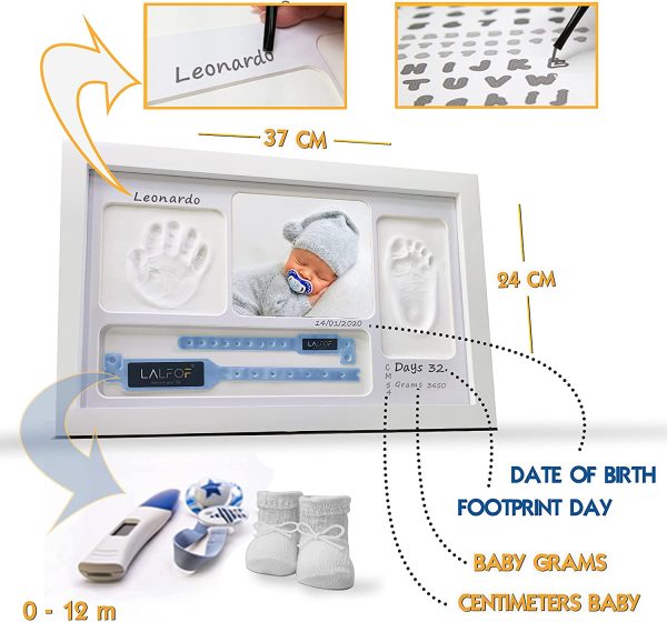 LALFOF? ITALIA Cornice Impronte Neonato 7in1 con NOME e porta BRACCIALI NASCITA.Kit porta foto impronta mani e piedi neonati PERSONALIZZABILE.Idea regalo per lista nascita beb??,battesimo bimbo bambina - immagine 3