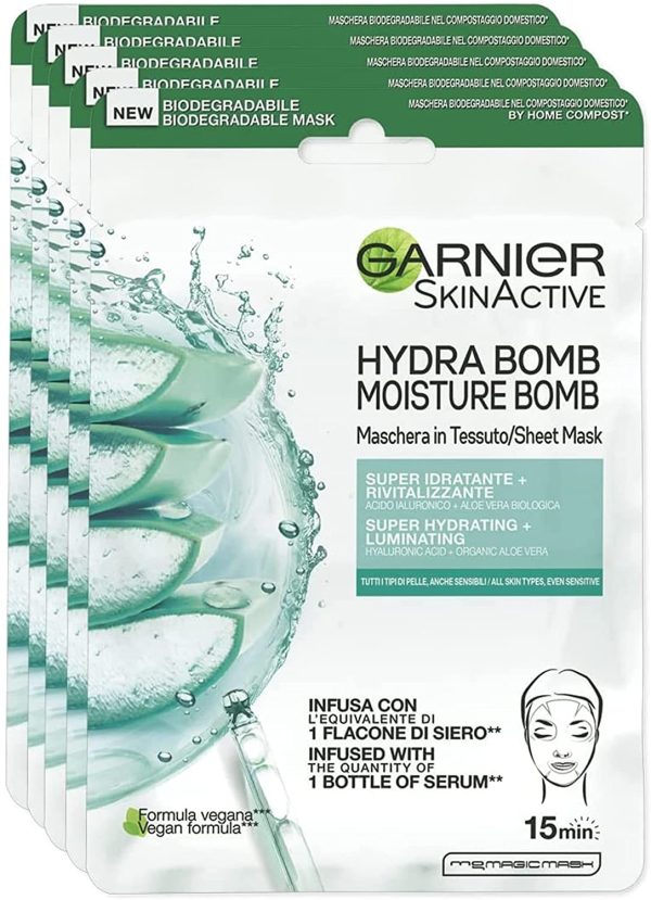 Garnier Maschera in Tessuto Skin Active Hydra Bomb, Formula Super Idratante e Rivitalizzante, Per Tutti i Tipi di Pelle, Con Acido Ialuronico e Aloe Vera Biologica, Confezione da 5