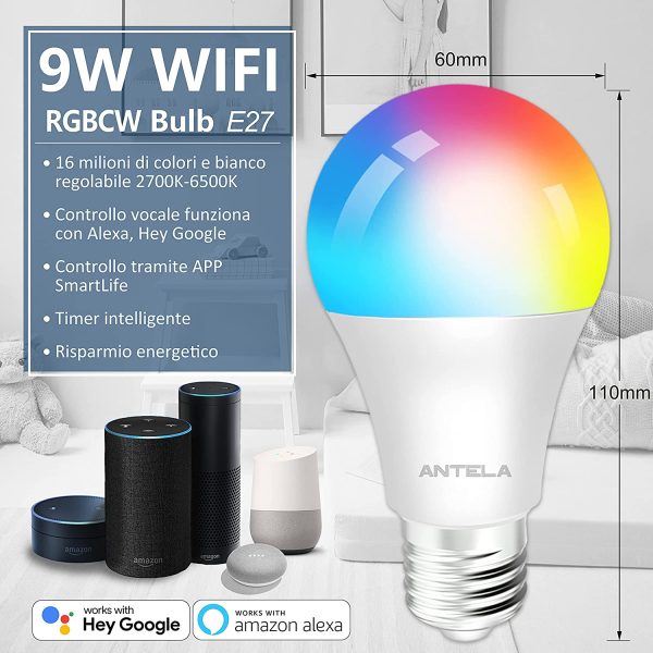 Lampadine LED Alexa Inteligente WiFi E27, Dimmerabile Lampadina ANTELA Smart 9W 806ML 80W equivalente, RGB & 2700K-6500K bianco freddo caldo, compatibile con Alexa/Google Home, 2 pezzi