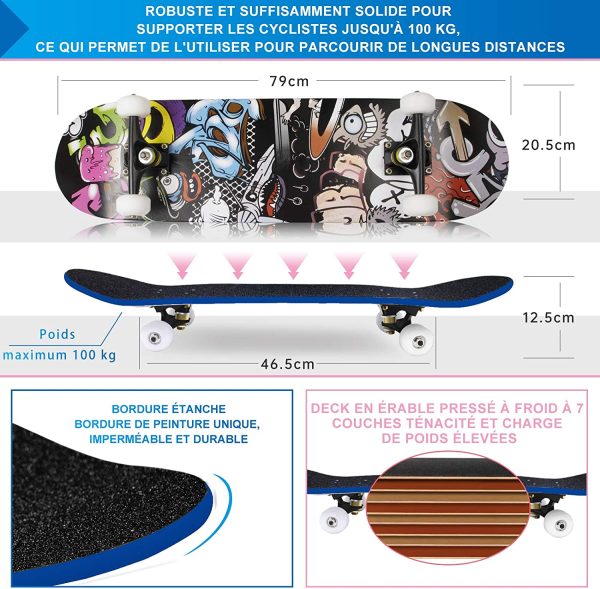 Skateboard per Principiante, 80x20 cm Skateboard Completo in Legno per Bambino Adolescenti Adulto, 7 Strati di Acero Doppio Kick Deck Concavo Trick Cruiser con lo strumento T Tutto in Uno - immagine 4