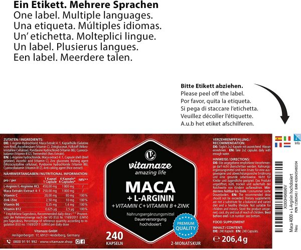 Vitamaze® Maca Capsule ad Alto Dosaggio 4000 mg Polvere + L-Arginina + Vitamine + Zinco, 240 Capsule per 2 Mesi, Qualità Tedesca, Maca Root Peruviana delle Ande, Qualità Tedesca, senza Additivi - immagine 7