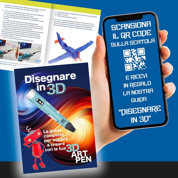 Penna 3D + Istruzioni in Italiano e Guida illustrata in omaggio (30 pagine) + 12 colori 36 metri filamenti - Kit completo accessori - immagine 5