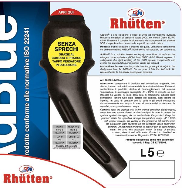 Rh??tten, AdBlue per Motori Diesel, Additivo di Sintesi a Base di Urea, Preserva l'Andamento dei componenti del SCR, Blocca l??Accumulo delle Impurit?? nel Catalizzatore, Dotato di Tappo Versatore, 5L - immagine 4