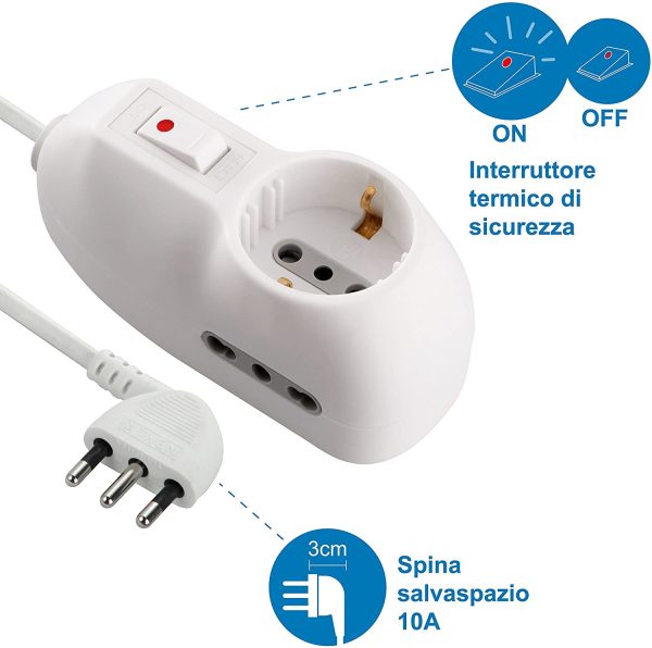 62023 Multipresa Protetta, Cavo da 1 m, 3G0.75, Spina 10 A, Prese 1 Italiana/Tedesca e 2 Bipasso 10/16A, Interruttore di sicurezza, Bianco, 1m - immagine 7