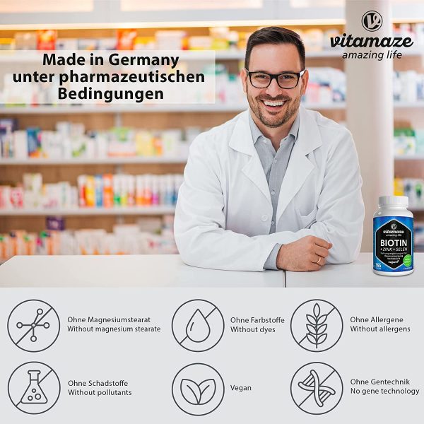 Vitamaze? Biotina 10000 mcg + Selenio + Zinco per Pelle, per la Crescita dei Capelli e Unghie Sani, 365 Compresse per 12 Mesi, Vitamina B7, Integratore senza Additivi non Necessari, Qualit?? Tedesca - immagine 8