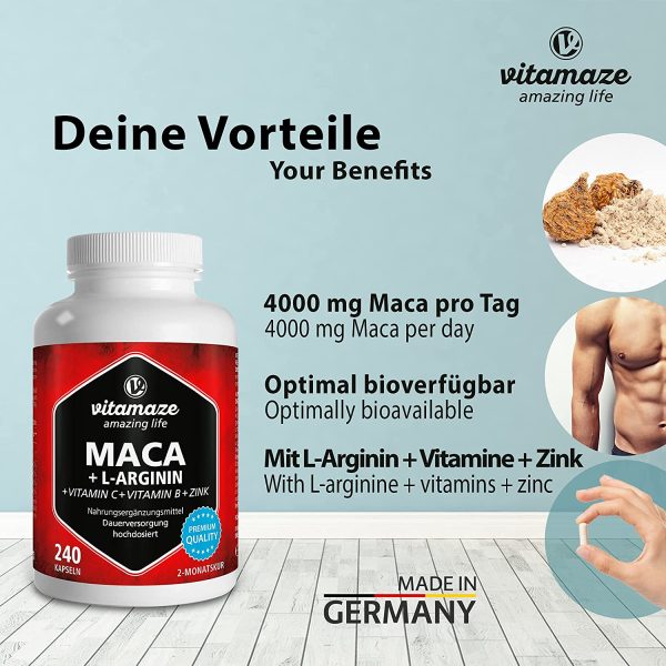 Vitamaze® Maca Capsule ad Alto Dosaggio 4000 mg Polvere + L-Arginina + Vitamine + Zinco, 240 Capsule per 2 Mesi, Qualità Tedesca, Maca Root Peruviana delle Ande, Qualità Tedesca, senza Additivi - immagine 8