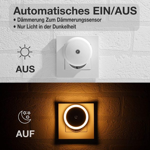 Luce Notturna LED, Con Sensore Crepuscolare, Luce Diffusa, Classe di Efficienza Energetica A, Luce Notturna per Camera da Letto, Bagno, Corridoio, Scale, Camera dei Bambini, Bianco Caldo, 2 Pezzi - immagine 2